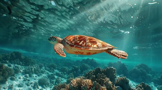 Sea turtle swims gracefully underwater near coral reef, sunlight filtering through waves from above the surface, video footage.