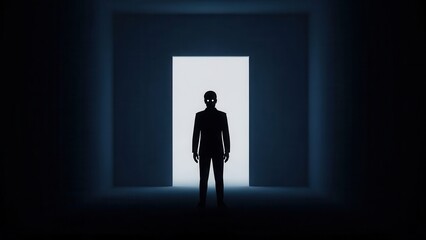 Obraz premium Enigmatic figure stands against a brilliant doorway in a shadowy, futuristic environment