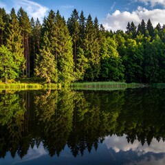 Fototapeta premium Serene lake reflection of tall trees under a cloudy sky, tranquil scene with dense woods mirrored in still waters