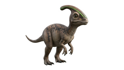 Fototapeta premium A brown dinosaur with a distinctive green and red crest on its head stands on a transparent