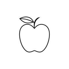 Simple, black outline of an apple with a leaf on a white background. Minimalist, clean vector style illustration