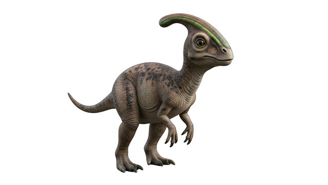 A brown dinosaur with a distinctive green and red crest on its head stands on a transparent