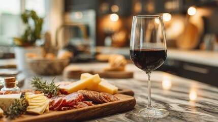 Fototapeta premium Wine and Appetizer: An enticing wine glass, with a deep red liquid, stands before a platter of artisan cheeses and cured meats. An ideal gathering for people.
