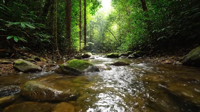 shallow forest stream flowing slowly across smooth rocks covered with bright green moss lush tropical vegetation on both sides clear transparent water revealing stone textures subtle ripples reflectin