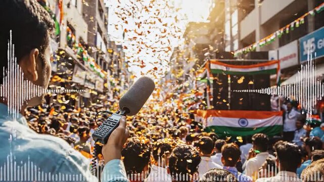 Indian flag waving with confetti and crowd celebrating, signifying national pride