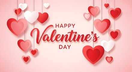 Happy valentines day wishes with hanging hearts on pink background