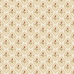 Fototapeta premium Elegant vintage floral damask seamless pattern in warm beige and gold tones, perfect for wallpaper, fabric prints, home décor, wrapping paper, and backgrounds