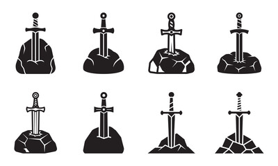 Collection of legendary swords embedded in rocks, symbolizing power, destiny, and heroism.