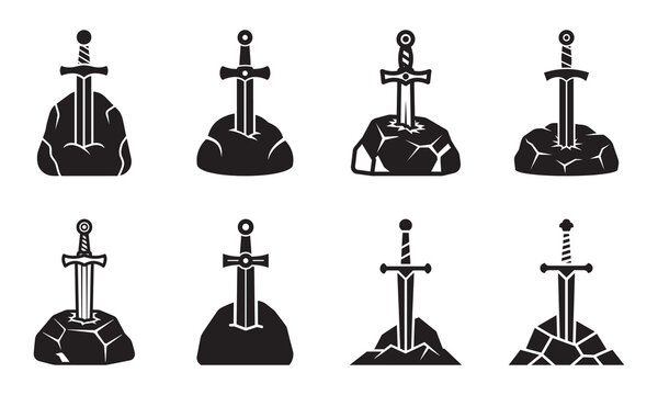 Collection of legendary swords embedded in rocks, symbolizing power, destiny, and heroism.