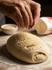 Hands sprinkle sesame seeds on raw dough for artisanal bread making