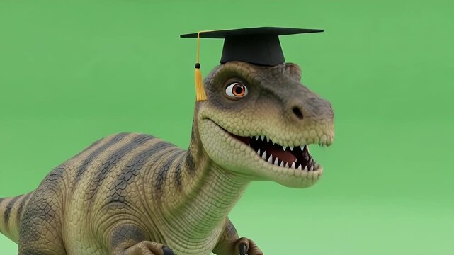 Cartoon Dinosaur Graduation - A cartoon Mamenchisaurus dinosaur is wearing a graduation cap on a chroma key green screen background.