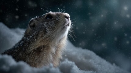 Obraz premium Groundhog looks up at snowfall on a winter day marmot in the snow