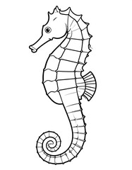 Simple line art of a seahorse, featuring curved body, detailed eye, dorsal fin, and curled tail on white background