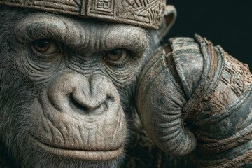 A close-up of a chimpanzee wearing a stone-like crown and armored glove, exuding wisdom and strength in a dramatic, dark setting.