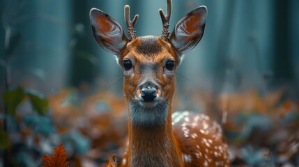 A close-up of a young deer with delicate antlers gazing directly into the camera, surrounded by autumn leaves in a misty forest.
