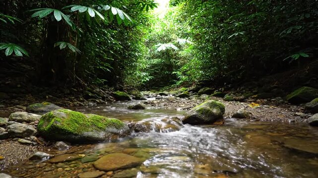 serene rainforest stream with glassy clear water moving slowly across pebbles and moss stones dense greenery creating natural tunnel of leaves sunlight filtering gently producing soft dappled light re