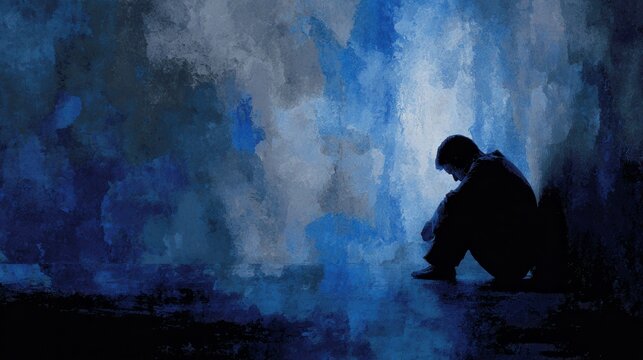 Solitude and Reflection: A figure, cloaked in the shadows, sits with knees drawn up, engulfed in somber reflection against a backdrop of brooding blues.
