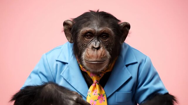 Chimpanzee Wearing a Blue Shirt and Floral Tie Yells Then Thinks in Front of a Pink Studio Background