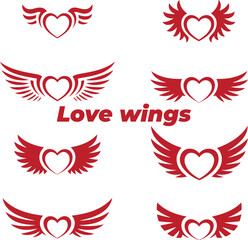 A collection of red heart with wings symbols representing passion, freedom, and flying love