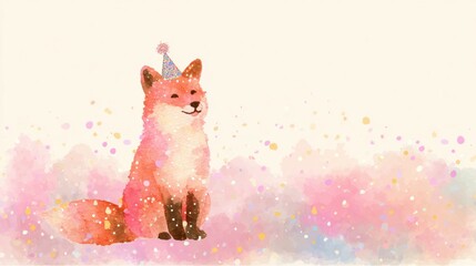 Fototapeta premium Fox wearing a party hat sitting in a colorful background with confetti