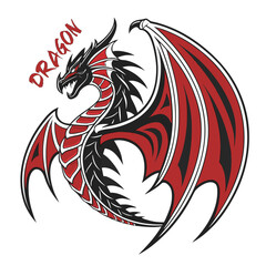 Obraz premium Red and Black Flying Dragon Mascot Logo - Fierce Fantasy Creature Illustration