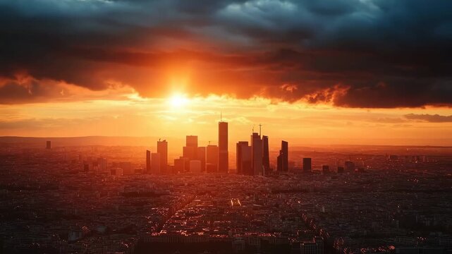 Urban Silhouette at Sunset: An evocative cityscape stands against a dramatic sunset, the skyscrapers silhouetted by the fiery hues of the setting sun, creating a powerful contrast