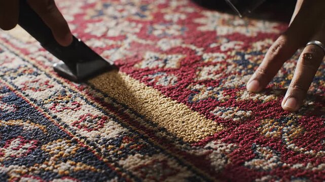 Close-up of hands using a steam cleaner on a Persian rug, deep cleaning carpet fibers.