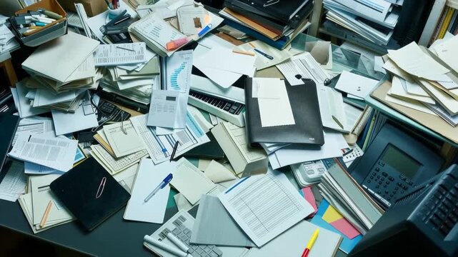 Overflowing Chaos: A cluttered office desk, a testament to busy times, is a chaotic scene with piles of paper, files, and various office supplies.