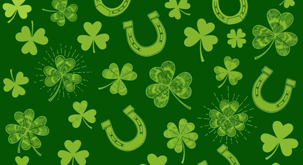 A festive St. Patrick's Day background pattern with shamrocks and horseshoes.