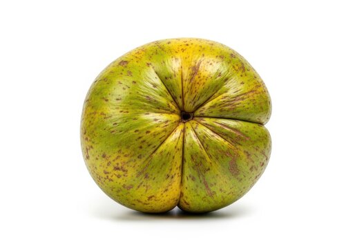 Closeup of a green and yellow genip fruit isolated on white background
