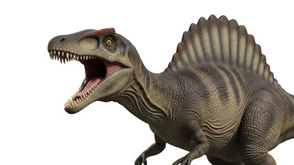 Fototapeta premium A large carnivorous dinosaur with a distinctive sail on its back stands on a transparent background.