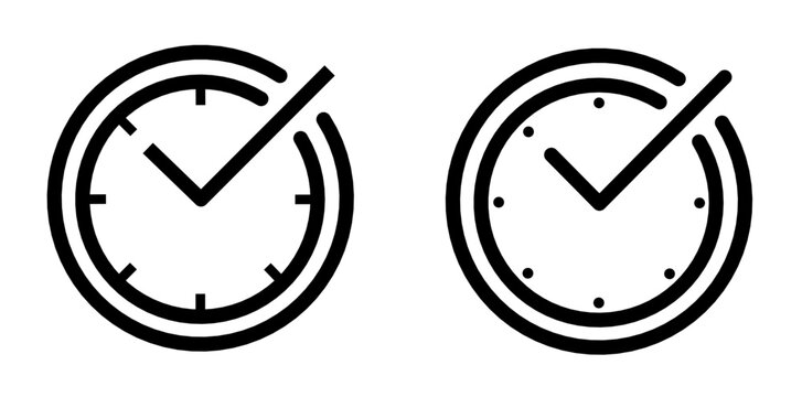 Clock icon featuring a check mark symbol representing on-time delivery, deadline completion, productivity, and efficient time management. Vector illustration of clock icon set
