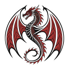 Fototapeta premium Red and Black Imperial Dragon Mascot - Fierce Fantasy Beast Circular Vector Logo