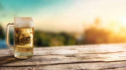 Enjoying a cold beer at sunset near a wooden table outdoors