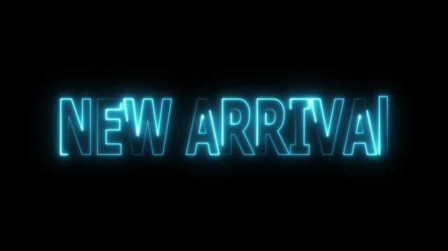 New arrival neon sign glowing bright blue futuristic modern announcement banner for business launch promotion sale event