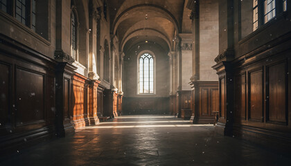 Cinematic Historical Interior with Golden Sunlight and Timeless Atmosphere