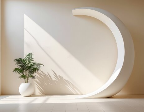 Abstract Curved Wall Fragment Casting a Shadow. Monochrome Minimal Interior (Warm Neutral Room). Curved wall fragment serving as a room divider positioned in the bottom-center of the frame.
