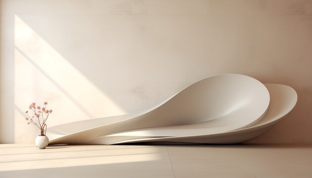 Abstract Curved Wall Fragment Casting a Shadow. Monochrome Minimal Interior (Warm Neutral Room). Curved wall fragment serving as a room divider positioned in the bottom-center of the frame.
