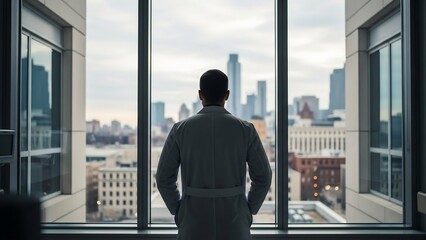 Man in Suit Looking Out Modern Office Window at City Skyline.