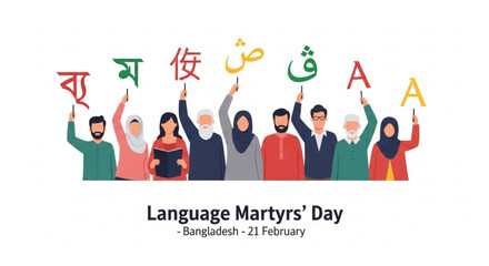 Diverse group celebrating language martyrs' day in bangladesh on february 21st with colorful alphabet letters