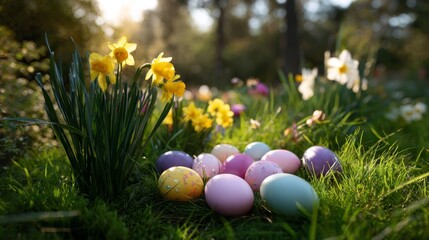 Fototapeta premium Colorful Easter Eggs with Daffodils on Grass in Springtime Garden