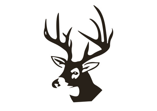 Whitetail deer head silhouette with large antlers, minimalist buck trophy illustration, black and white wild stag icon for hunting logo and outdoors design