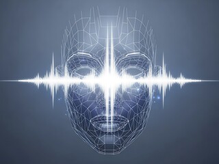 Technological integration wireframe face with light effect and sound wave