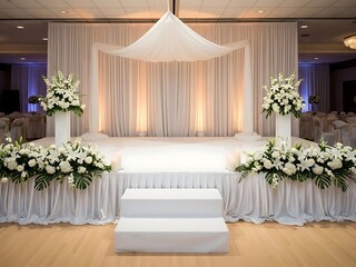 Sophisticated all-white wedding stage adorned with floral arrangements