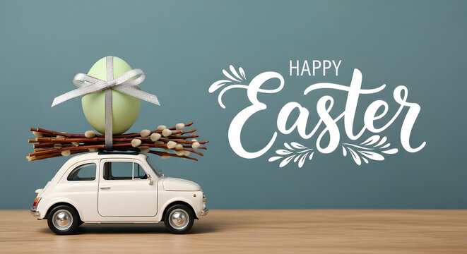 Happy easter celebration with white car and giant easter egg decoration