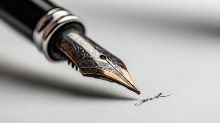 Minimalist shot of calligraphy pen on white background with soft shadows, elegant negative space for text, high-end product detail