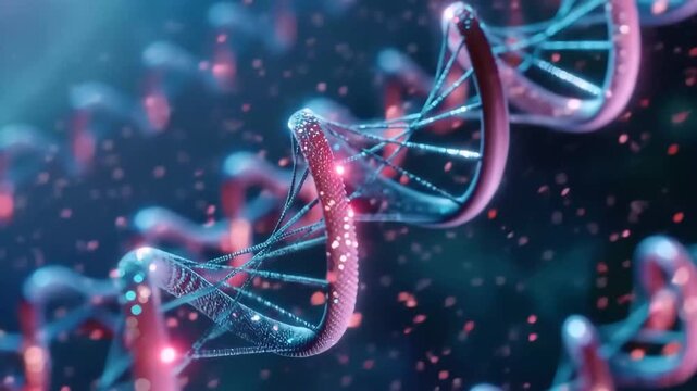 DNA structure in a Futuristic Render: Captivating view of a DNA helix model, rendered in a futuristic style, showcasing the intricate double helix structure against a blurred background.