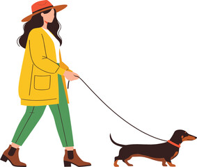 Flat vector illustration of a fashionable young woman wearing a yellow cardigan and hat walking her dachshund dog on a leash isolated on white background.