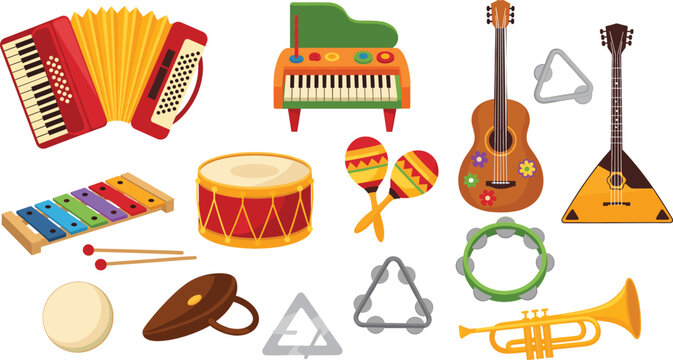 Large collection of colorful flat vector musical instruments including guitar, drum, trumpet, accordion, xylophone, and tambourine isolated on white background for kids education.