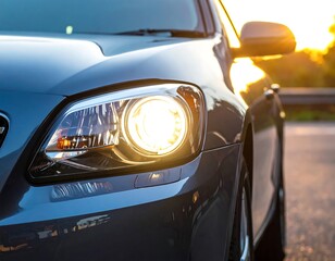Sleek car with headlight illuminated, on road, sunset sky blurred in the background casting a golden glow
